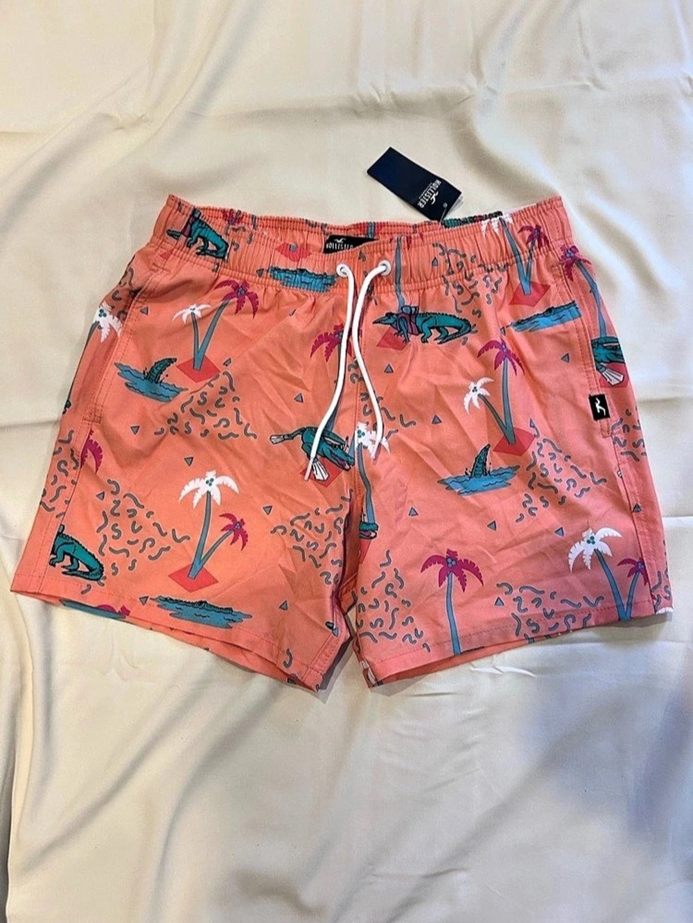 Hollister Alligator Palm Tree Print Swim Trunks Orange & Blue Small